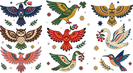Obraz premium Folk Art Bird Icon Set with Decorative Floral Ornaments Owl Swan Eagle and Hummingbird Characters for Traditional Crafts Graphic Designs and Patterns Vector Illustration
