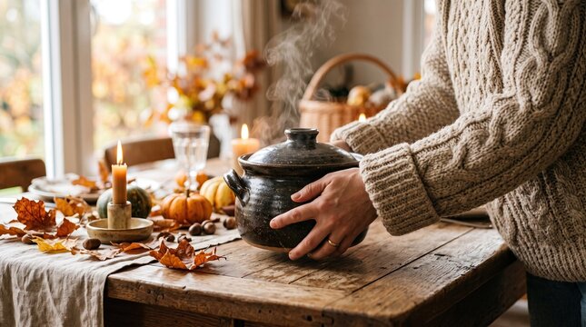 A person in a cozy sweater preparing a festive meal for a happy thanksgiving day banner background design concept