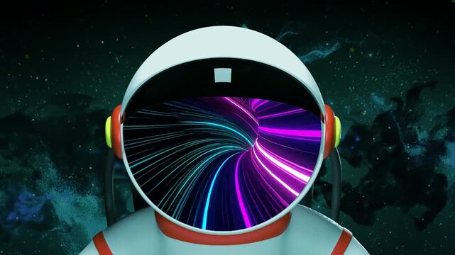 Animated astronaut floating in deep space with colorful swirling light patterns reflecting on the helmet visor against a starry background