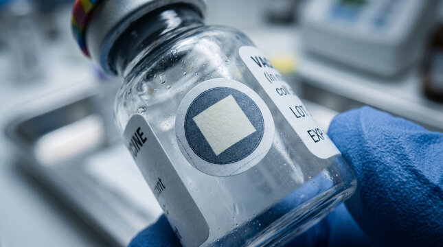 Macro detail of a Vaccine Vial Monitor (VVM) sticker on a small glass vial, sharp focus