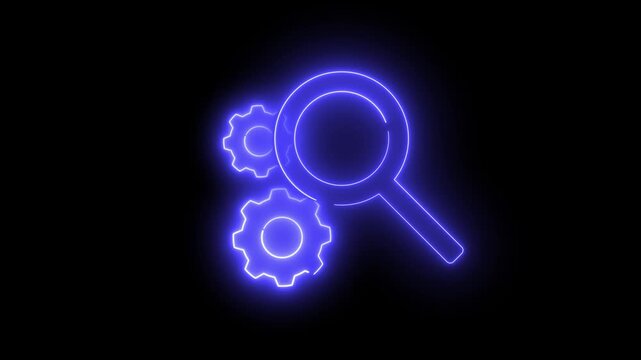Glowing magnifying glass with gears, symbolizing digital search and optimization