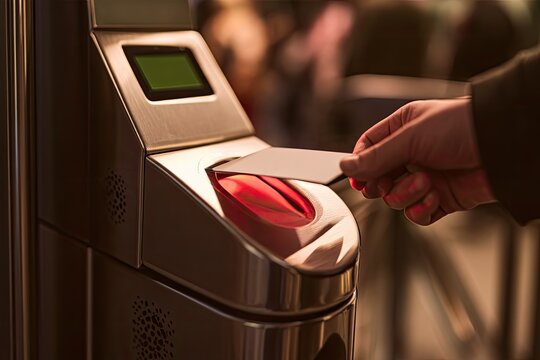 Hand inserts card into turnstile with illuminated red slot