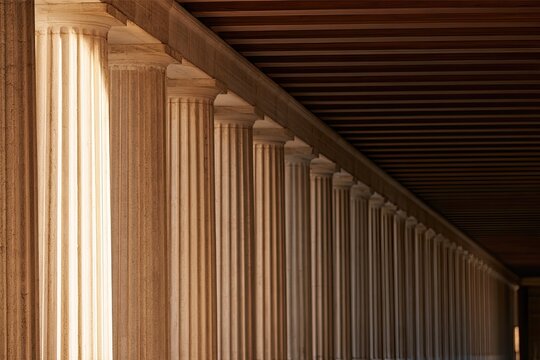 Sunlight streams through ancient fluted columns, creating a colonnade of shadows