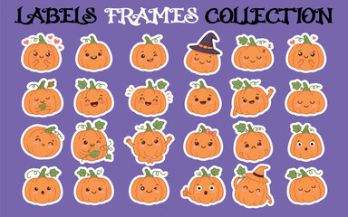 Obraz premium Collection of cartoon pumpkins with various expressions and accessories on a purple background halloween vector illustration orange fall autumn seasonal
