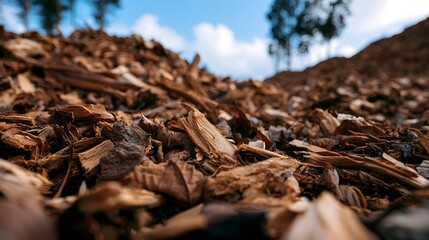 Fototapeta premium A close up view of wood chips piled under a clear blue sky with trees in the background showcasing natural textures and earthy tones
