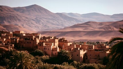 Fototapeta premium A desert town nestled among rolling hills with terracotta buildings and palm trees under a clear sky