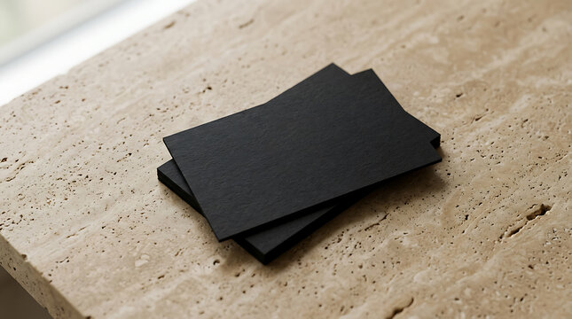 Stack of blank black business cards on a rustic wooden table