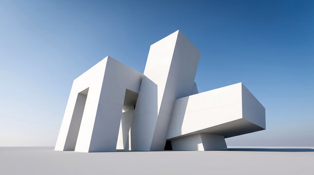 Modern white monolithic building structure with geometric design in minimalist architectural setting