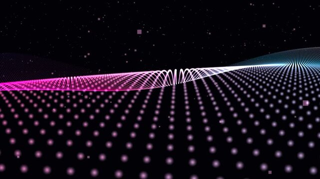 Elegant flowing particle waves undulating like liquid silk and digital fabric with luminous violet, magenta, and cyan gradients on dark obsidian background. Seamless 4K 60fps loop for SaaS websites, c