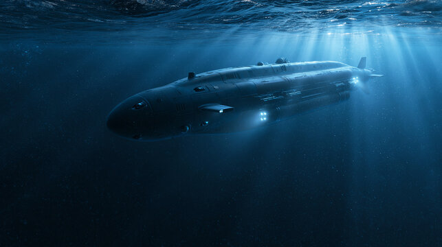 Futuristic deep sea submarine cruising in dark ocean waters with light rays.