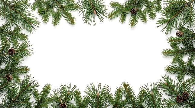 Frame made of pine branches and brown pinecones on a white background, view, copy space in the center for text, festive border