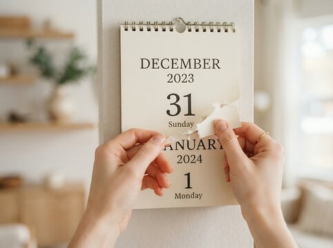 Hands tearing off December 31st page from calendar revealing January 1st new year.