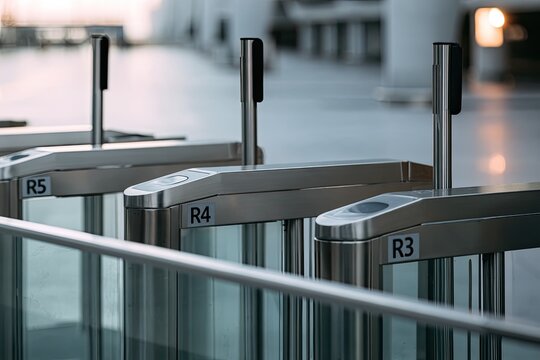 Rows of modern metal and glass turnstiles, labeled R3, R4, R5
