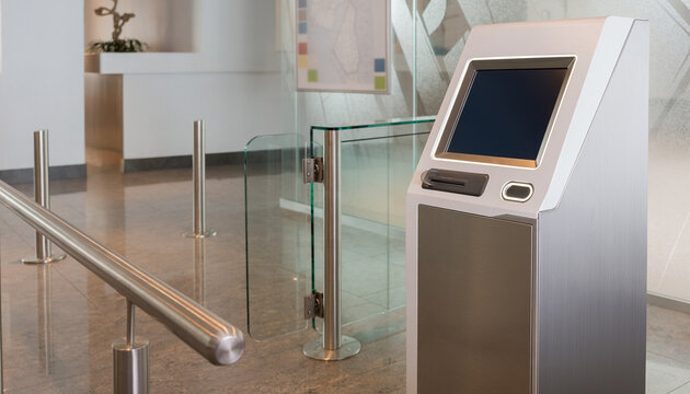 Modern Digital Self Service Information Kiosk Located in a Contemporary Office Building Interior Lobby