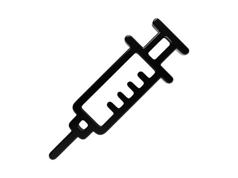 Medical syringe injection tool in black glossy 3d style for vaccination and health.
