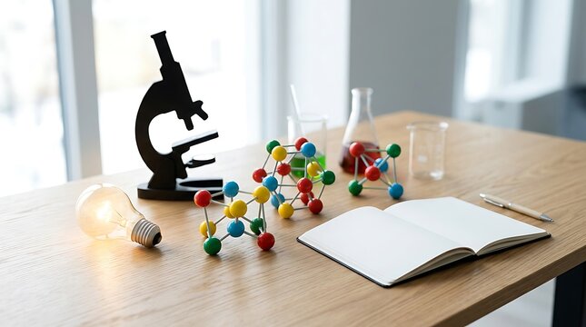 Microscope and colorful science models on a wooden desk