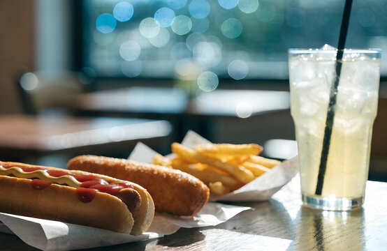 classic beef hot dog in toasted bun with mustard and ketchup, corn dog beside, golden french fries, cold lemonade with ice and straw