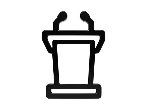 Black glossy podium icon with two microphones for professional public speaking event.