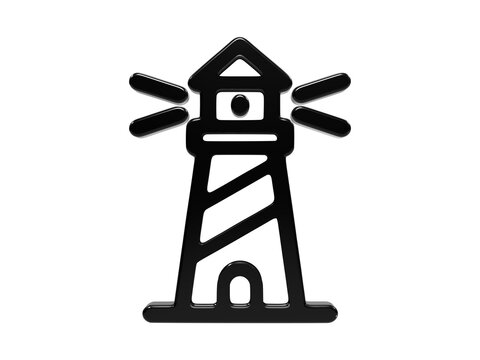 Black glossy lighthouse icon for maritime navigation and ocean coastal safety signs.