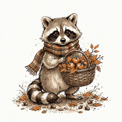 Fototapeta premium A cute raccoon wearing a plaid scarf holds a basket of apples in autumn leaves with cartoon illustration small holding wicker basket