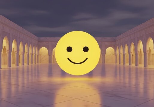 Happy yellow smiley face icon on brick wall background