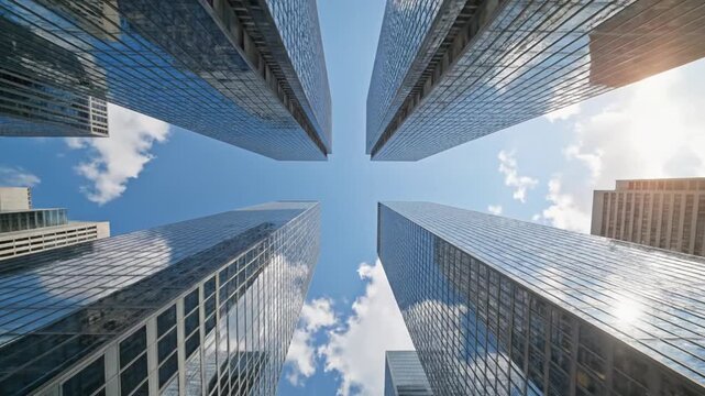 Low angle view of modern glass skyscrapers under blue sky