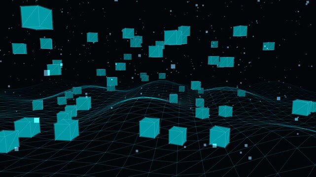 Massive monolithic cube deconstructing into hundreds of floating micro-cubes in zero gravity, orbiting harmonically and reforming in a seamless 15s loop. 4K 60fps animation for quantum computing and d