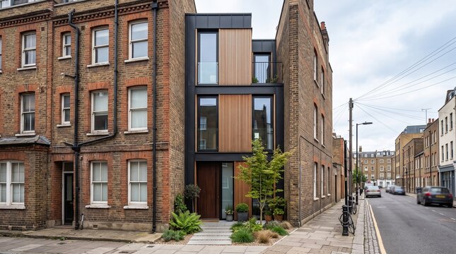 Modern House Extension with Timber Cladding Alongside Victorian Terraced Homes Under a Cloudy Sky