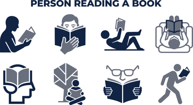 Collection of vector illustrations depicting people reading books in various poses and settings reader bookworm