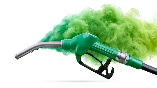 Green fuel pump nozzle dispensing smoke for environmental concept.