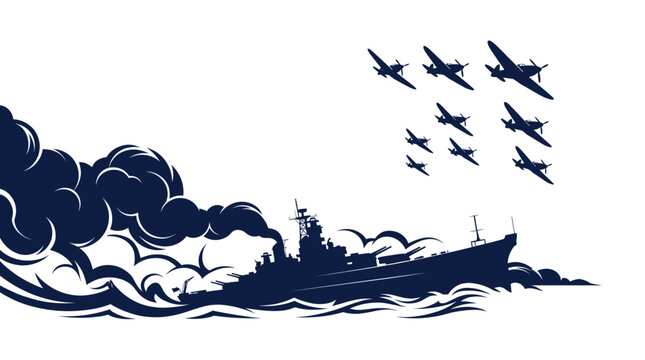 A dramatic silhouette depicts a battleship steaming through waves with smoke billowing, while a formation of fighter planes flies overhead, suggesting a wartime scene.