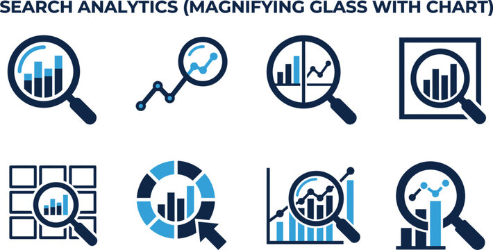 Magnifying glass with bar chart icon set displays data analysis and research concepts visually analytics