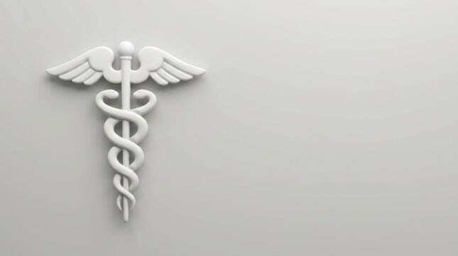 White caduceus medical symbol on gray background representing healthcare professional standards and hospital trust.