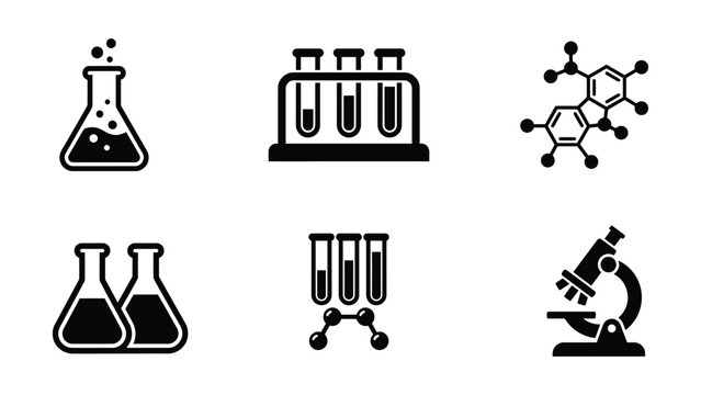 Science Laboratory Chemistry Research Icon Set, Scientific Equipment Vector Symbols