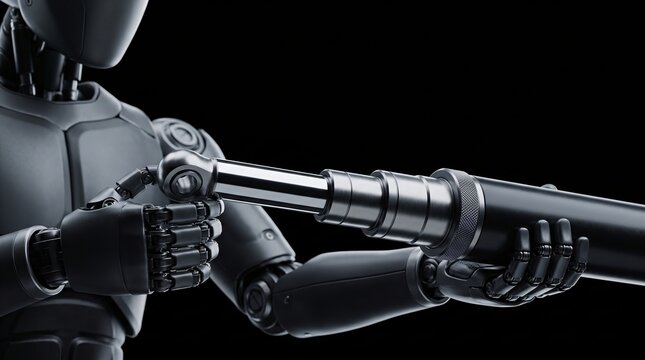 dark silhouette of humanoid robot assistant future cyber technology calibrating precision metallic hydraulic ram cylinder to optimize telescopic scaling system on seamless black background