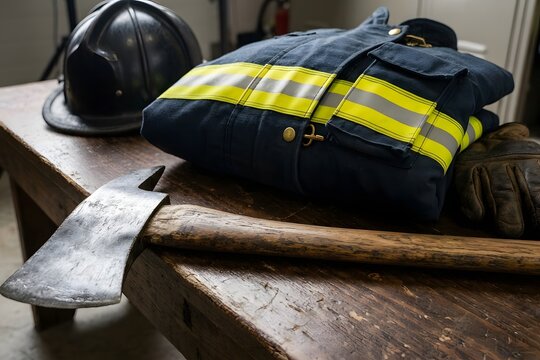 A black fire fighter helmet resting on a rustic wooden table beside a blue turn out jacket with reflective yellow stripes and heavy duty leather gloves