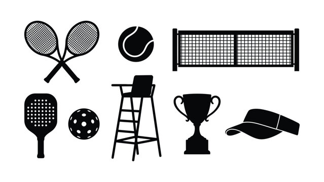Tennis and Pickleball Court Sports Icon Set, Racket Championship Vector Symbols