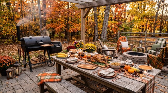 Outdoor Thanksgiving dinner table set for a feast with a smoking barbecue grill