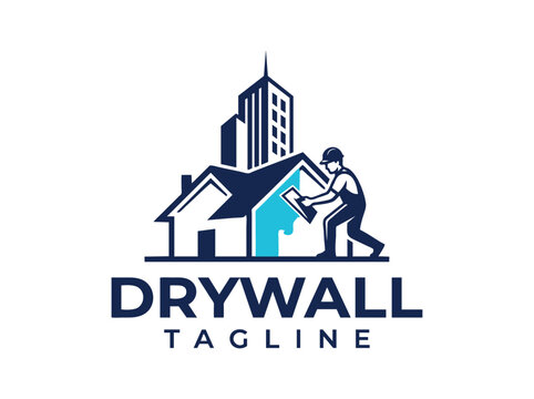 Drywall contractor logo vector, professional plastering and home renovation service icon, construction worker with house and skyscraper
