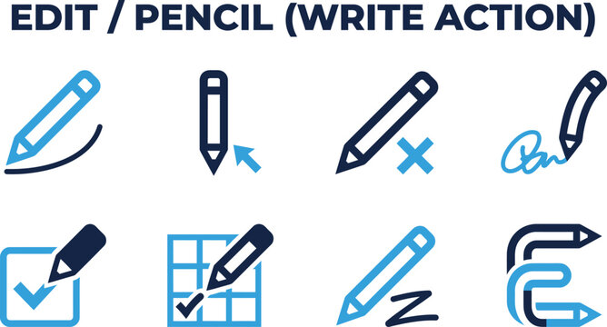 Collection of blue pencil icons depicting editing writing and document modification actions modify annotate draft