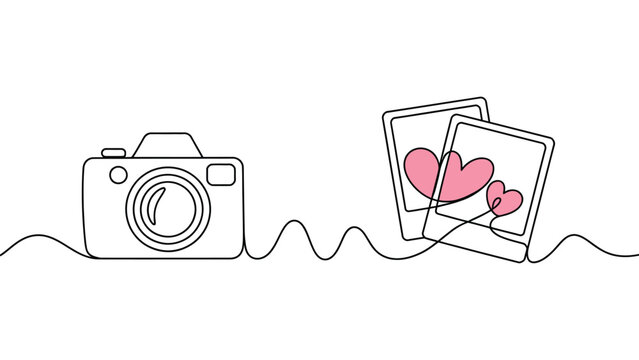 Minimalist continuous line drawing depicting camera connected to instant prints with pink heart shapes inside with instant photographs