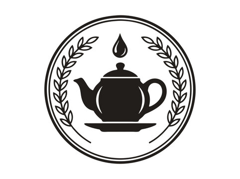 Vintage tea logo emblem with teapot and laurel wreath. Black and white tea house badge. Classic herbal tea shop vector icon.