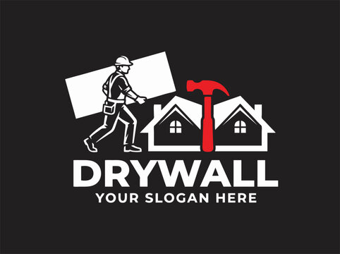 Drywall contractor logo with handyman carrying plasterboard. Professional home renovation and construction service emblem. Red hammer and house icon.