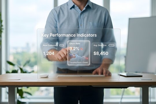 A business professional standing behind a transparent glass display board while interacting with digital key performance indicators for data analysis success.