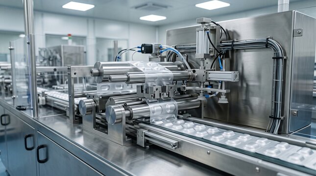 Automated pharmaceutical packaging machine producing blister packs of medication in a sterile manufacturing facility