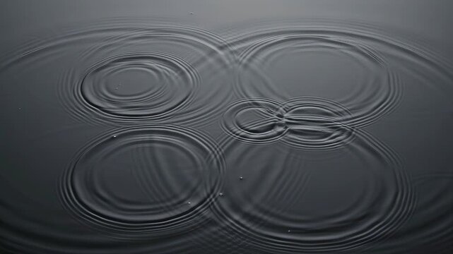 Close up view of raindrops falling on a calm dark water surface creating concentric ripples and gentle splashes.