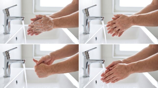 Step by step sequence of person washing hands under running water in bathroom sink hygiene routine proper handwashing technique prevention of germs disease healthcare clean sanitation collage