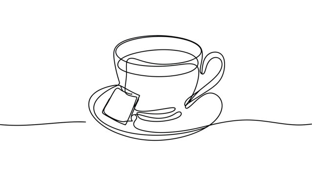 Minimalist continuous line drawing depicting a single tea cup resting upon a matching saucer with against white background