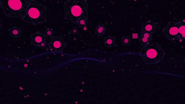 Crystalline 20-sided icosahedron polyhedrons hovering and rotating in zero gravity, encapsulating glowing magenta and violet quantum energy cores. 4K 60fps sci-fi loop for quantum AI and sacred geomet