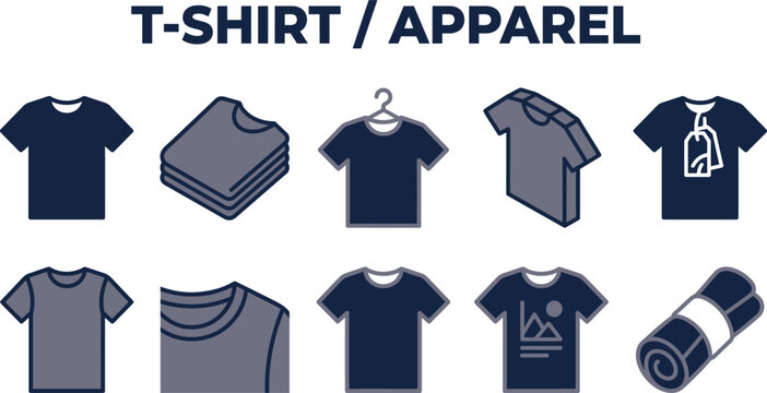 Collection of navy blue t shirts and folded apparel displayed in a vector illustration style